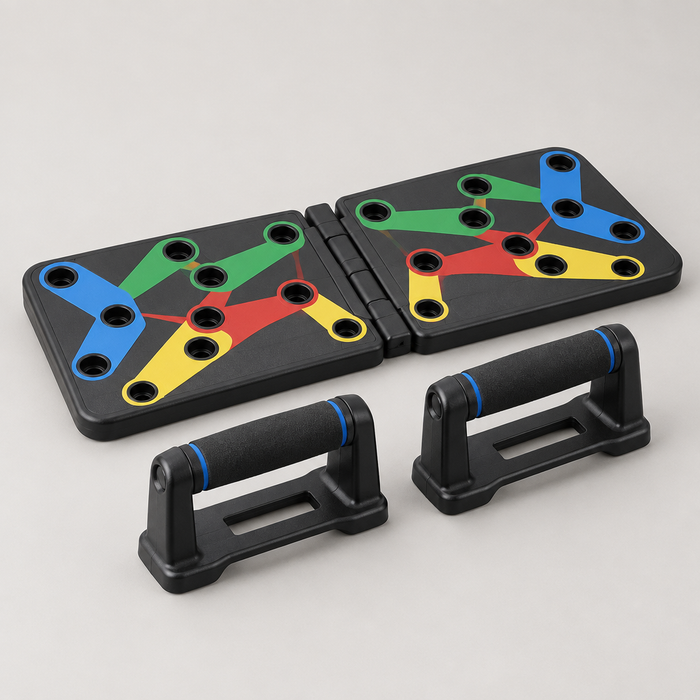 Foldable push-up board with color-coded positions and two handles