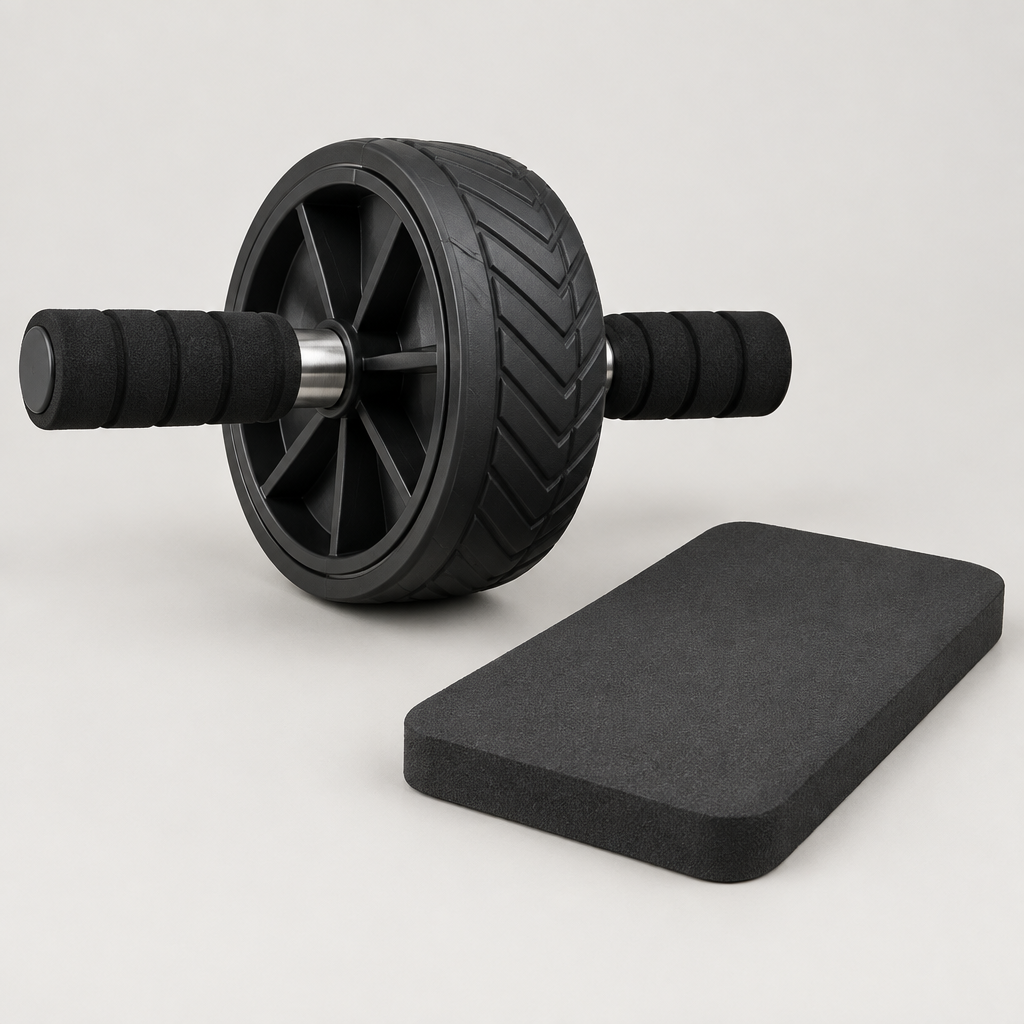 Ab roller wheel with steel axle and foam handles next to knee pad