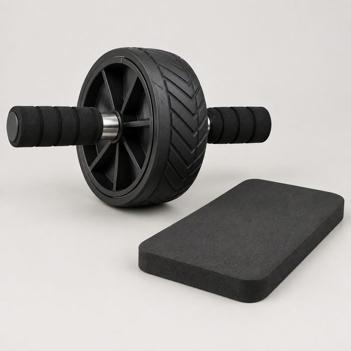 Ab roller wheel with steel axle and foam handles next to knee pad