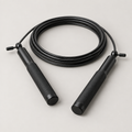 Speed jump rope with black aluminum handles and coated steel cable