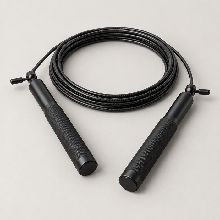 Speed jump rope with black aluminum handles and coated steel cable