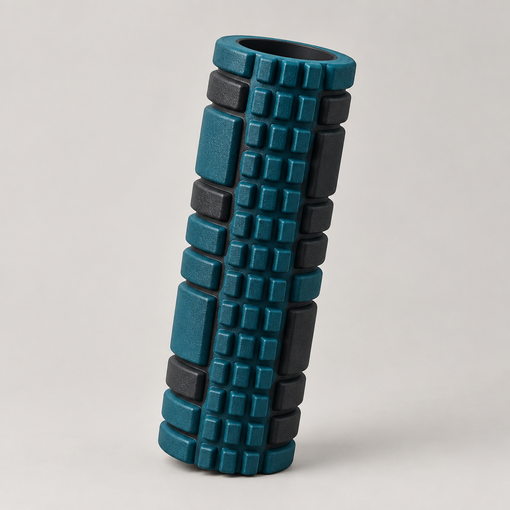 Deep teal and black textured foam roller with grid surface