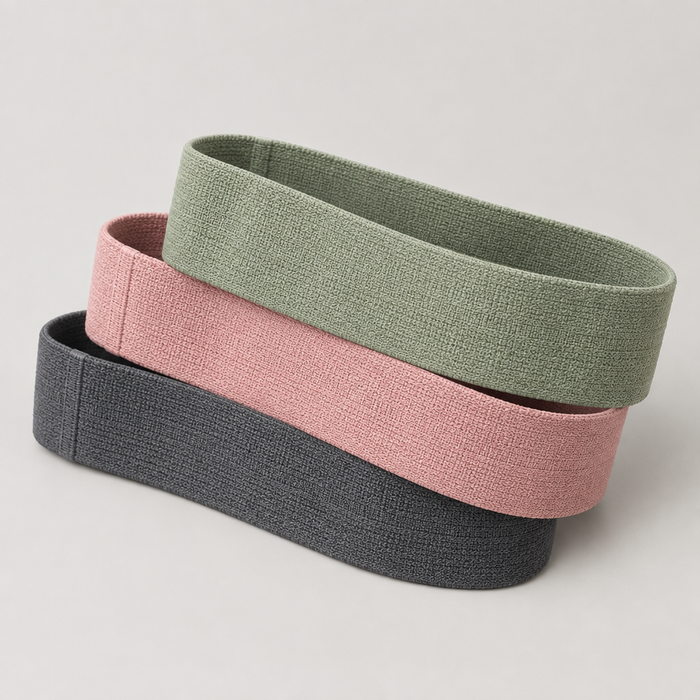Three fabric hip bands in sage green, dusty pink and charcoal
