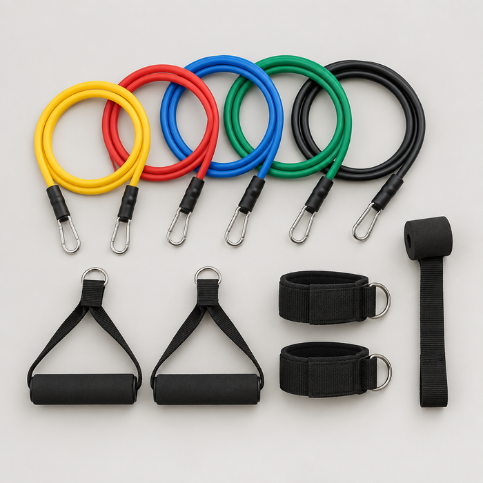 Five color-coded tube resistance bands with handles, ankle straps and door anchor