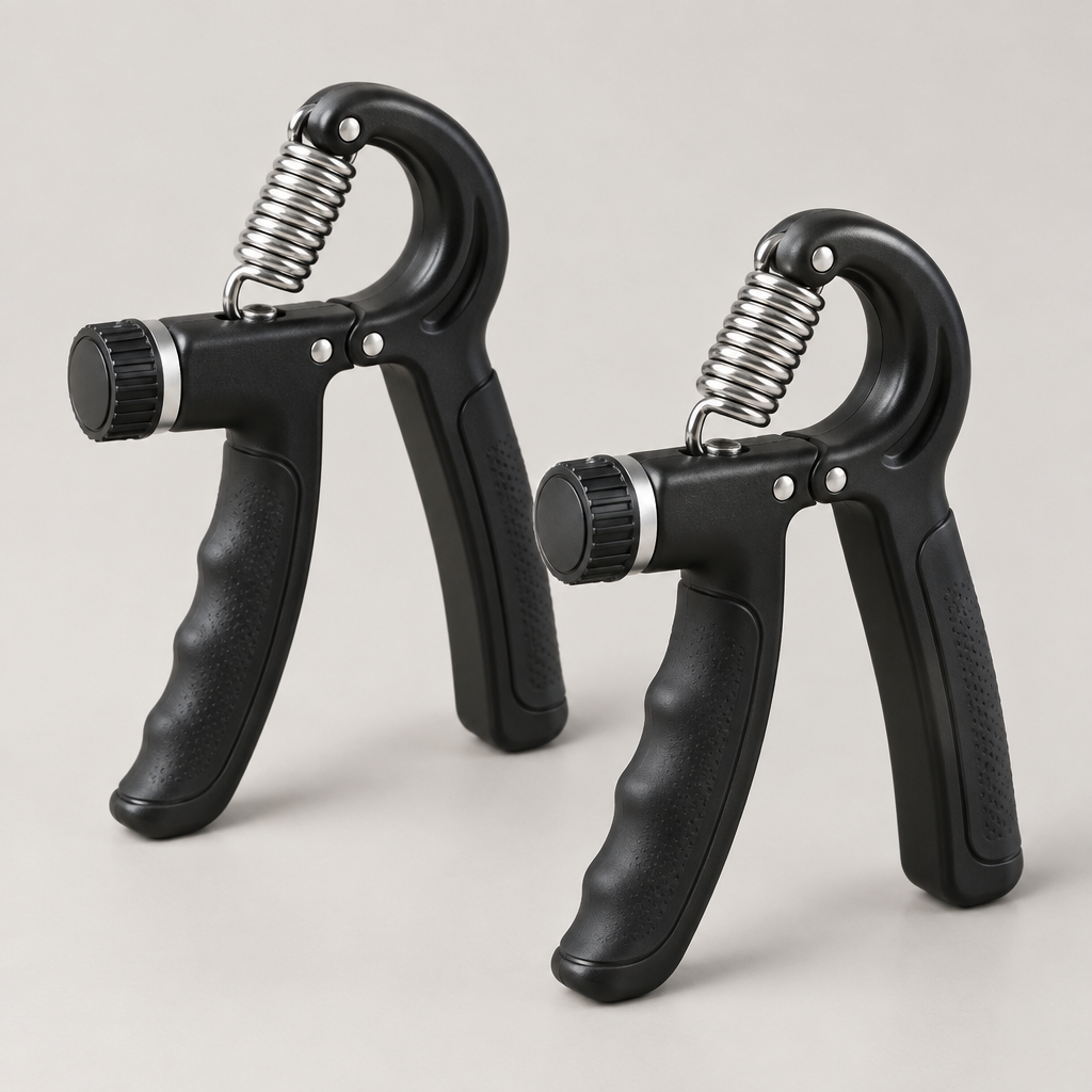 Two adjustable hand grip strengtheners with black handles