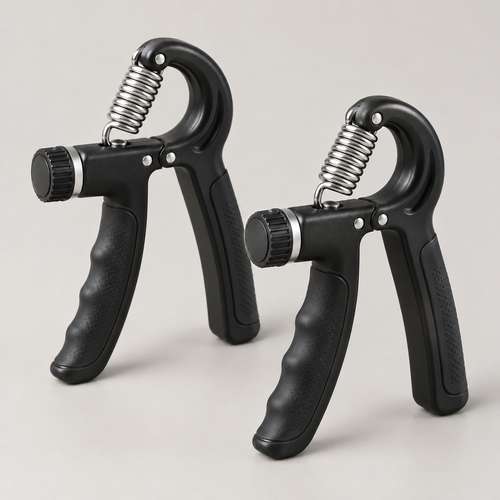 Two adjustable hand grip strengtheners with black handles