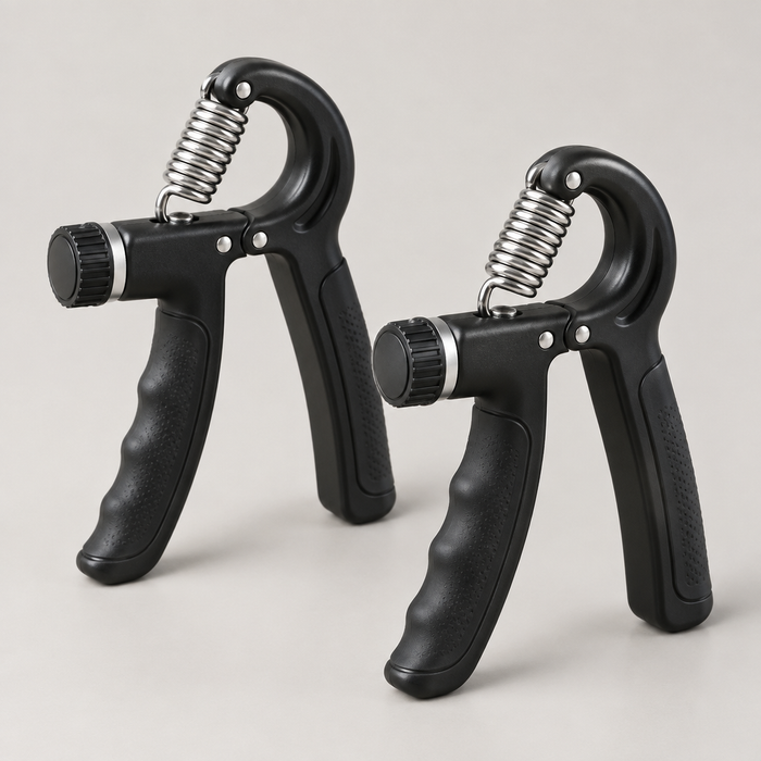 Two adjustable hand grip strengtheners with black handles