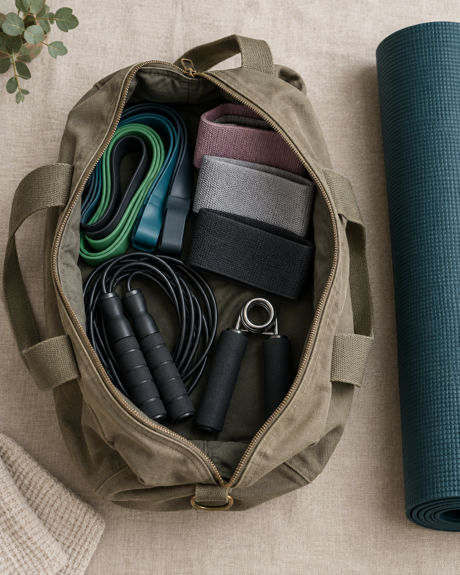 Home fitness essentials packed in a bag
